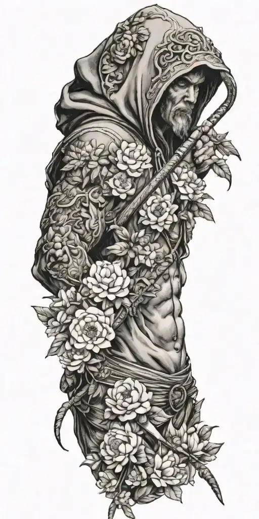 Hooded Warrior Agel Wielding A Sword Piercing A Snake In Peonies Flowers