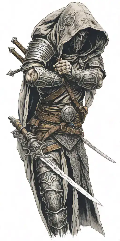 Hooded Warrior Agel Wielding A Sword Piercing A S Arm Sleeve