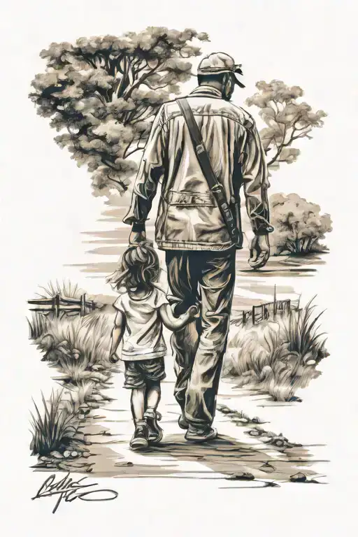 Father And Daughter Walking Hand In Hand From A Distance
