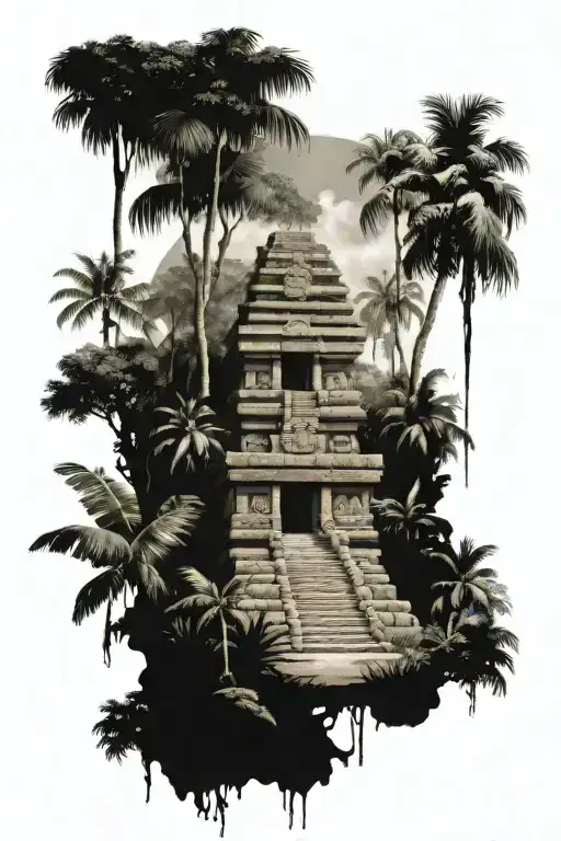 Aztec Jungle Temple Surrounded By Jungle Trees
