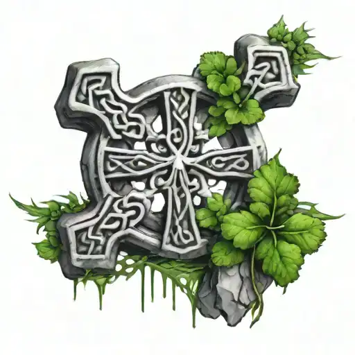 Tattoo Of A Big Celtic Cross With Clovers Growing Out Of The Cracks Of The Cross