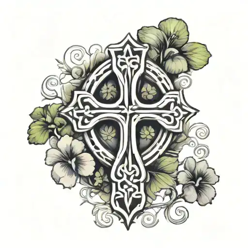 Black And White Celtic Cross With Clovers Growing Out Of It