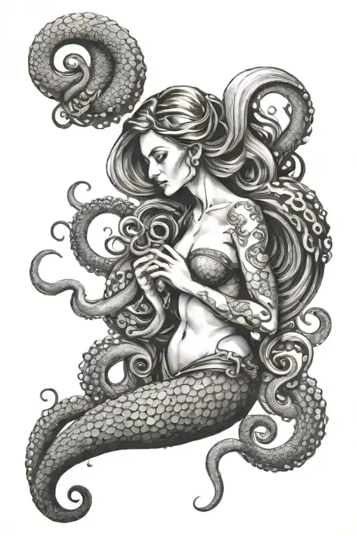 Mermaid And Octopus Wrapping Its Tentacles