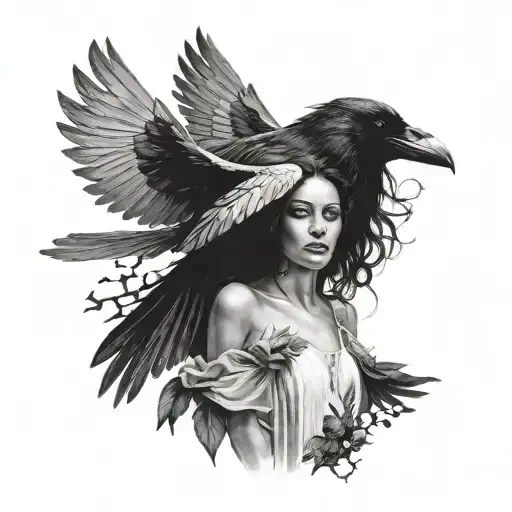 Woman And Raven With Open Wings