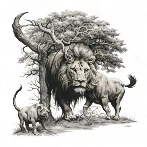 Bull And Lion And Big Tree