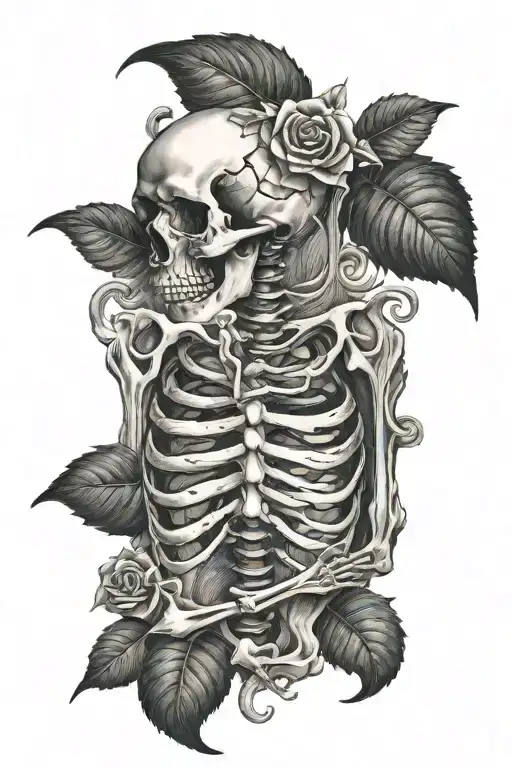 Skeleton Spine Tattoo With Skeleton Hand Round Neck