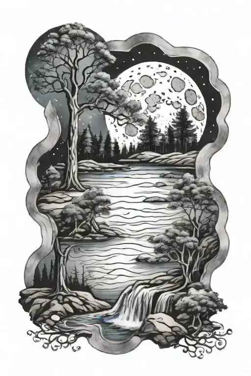 Trees Moon River Flowing