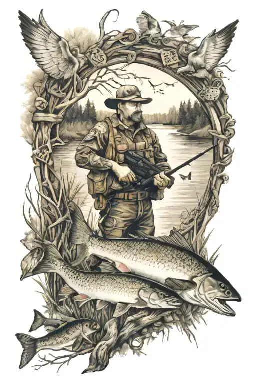 Hunting And Fishing Scene