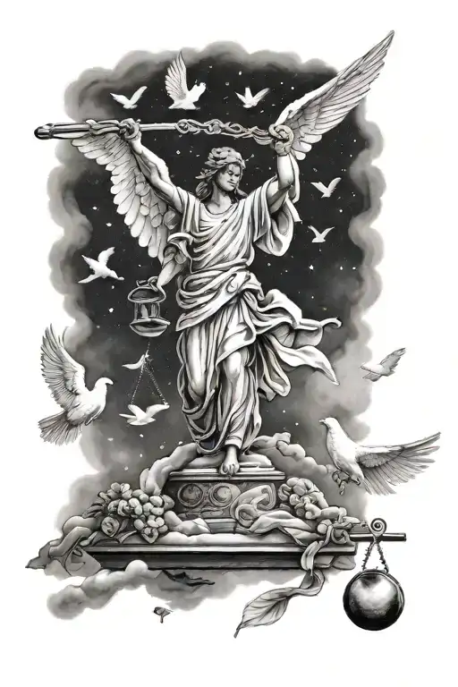 Angel Holding A Scales Of Justice In The Sky With 2 Doves