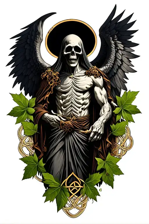 Skinny Lucifer With Wings In Style Of Grim Reaper Surrounded By Celtic Leaves