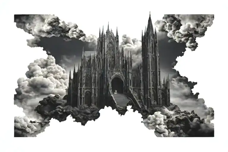 Dark Evil Gothic Cathedral In A Hell Scape Sitting On The Clouds With A Starcase Leading To It