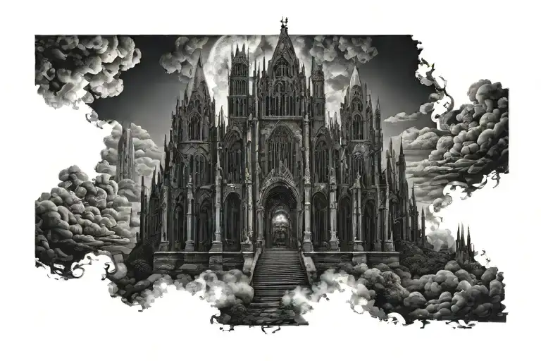 Dark Evil Gothic Cathedral In A Hell Scape Sitting On The Clouds With A Starcase Leading To It
