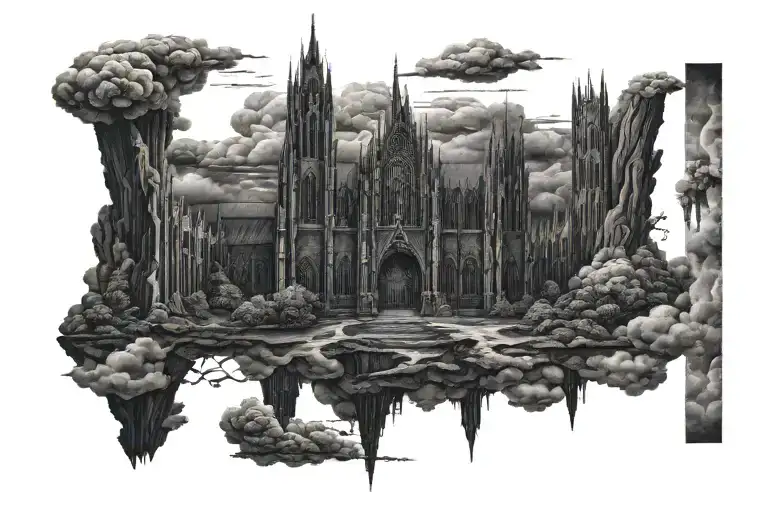 Dark Evil Gothic Cathedral In A Hell Scape Sitting On The Clouds With A Starcase Leading To It