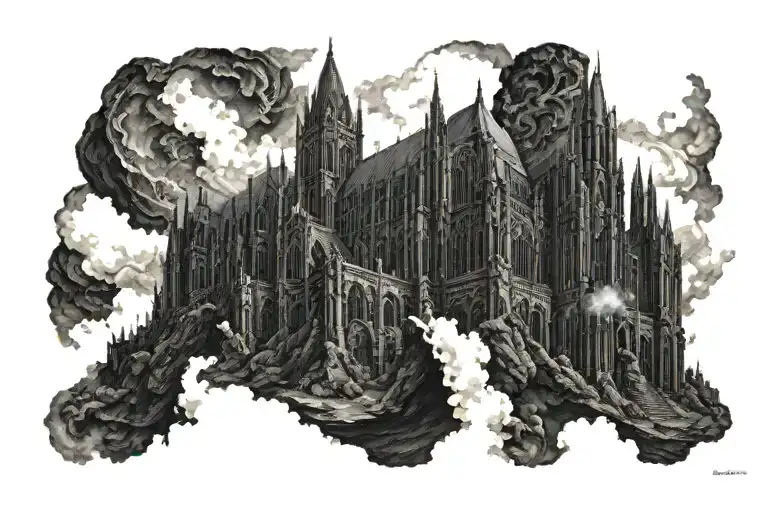 Dark Evil Gothic Cathedral In A Hell Scape Sitting On The Clouds With A Starcase Leading To It