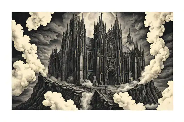 Dark Evil Gothic Cathedral In A Hell Scape Sitting On The Clouds With A Starcase Leading To It