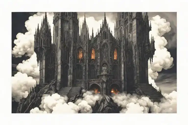 Dark Evil Gothic Cathedral In A Hell Scape Sitting On The Clouds With A Starcase Leading To It