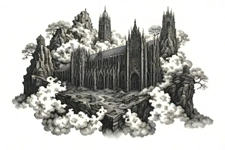 Dark Evil Gothic Cathedral In A Hell Scape Sitting On The Clouds With A Starcase Leading To It