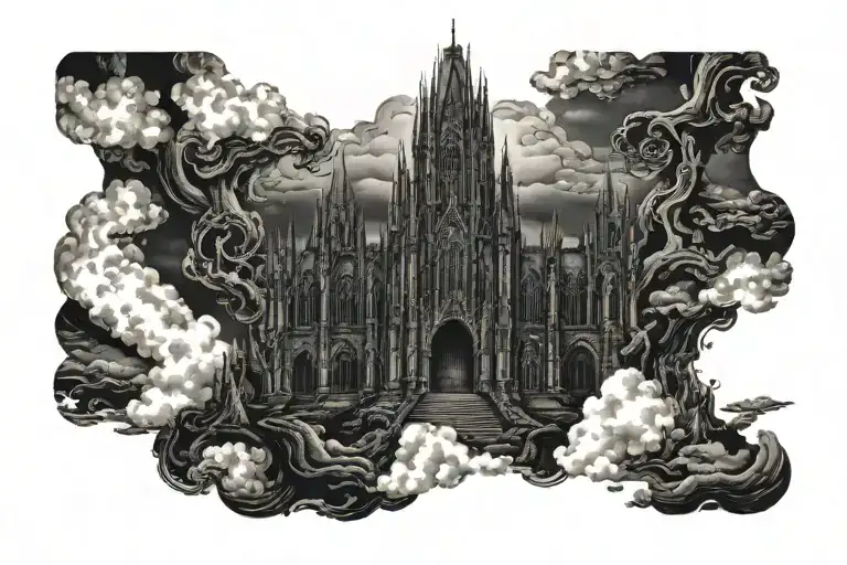 Dark Evil Gothic Cathedral In A Hell Scape Sitting On The Clouds With A Starcase Leading To It