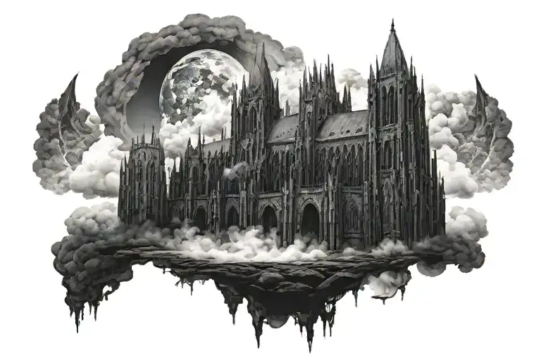 Dark Evil Gothic Cathedral In A Hell Scape Sitting On The Clouds With A Starcase Leading To It