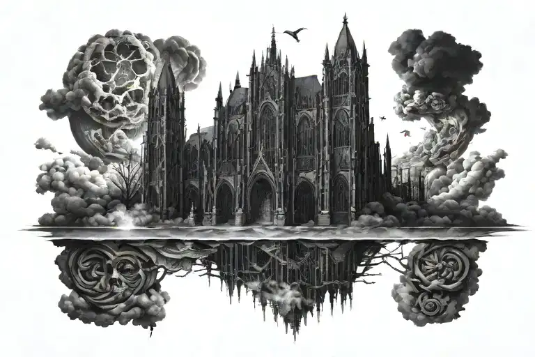 Dark Evil Gothic Cathedral In A Hell Scape Sitting On The Clouds With A Starcase Leading To It