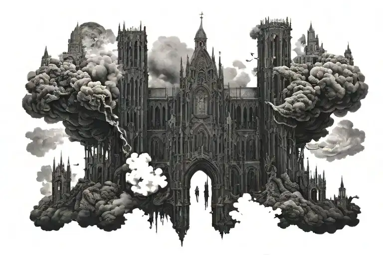 Dark Evil Gothic Cathedral In A Hell Scape Sitting On The Clouds With A Starcase Leading To It