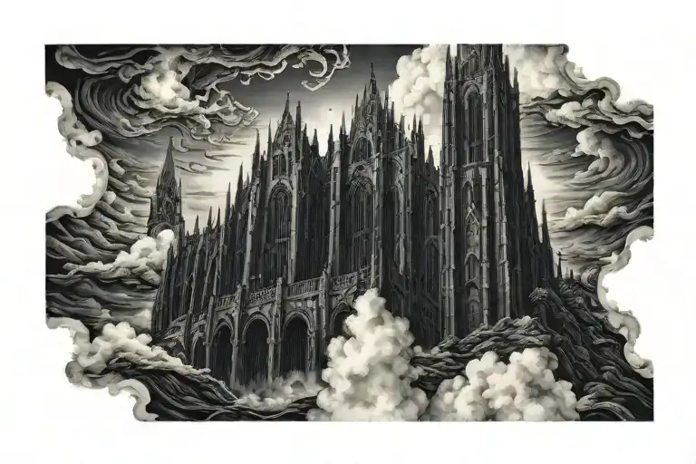 Dark Evil Gothic Cathedral In A Hell Scape Sitting On The Clouds With A Starcase Leading To It