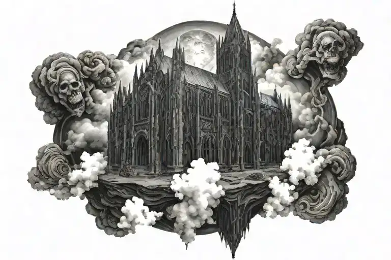 Dark Evil Gothic Cathedral In A Hell Scape Sitting On The Clouds With A Starcase Leading To It
