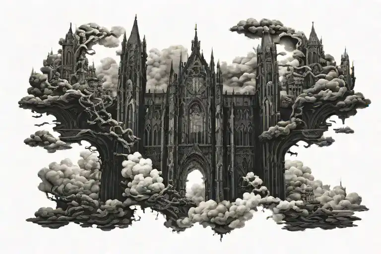 Dark Evil Gothic Cathedral In A Hell Scape Sitting On The Clouds With A Starcase Leading To It