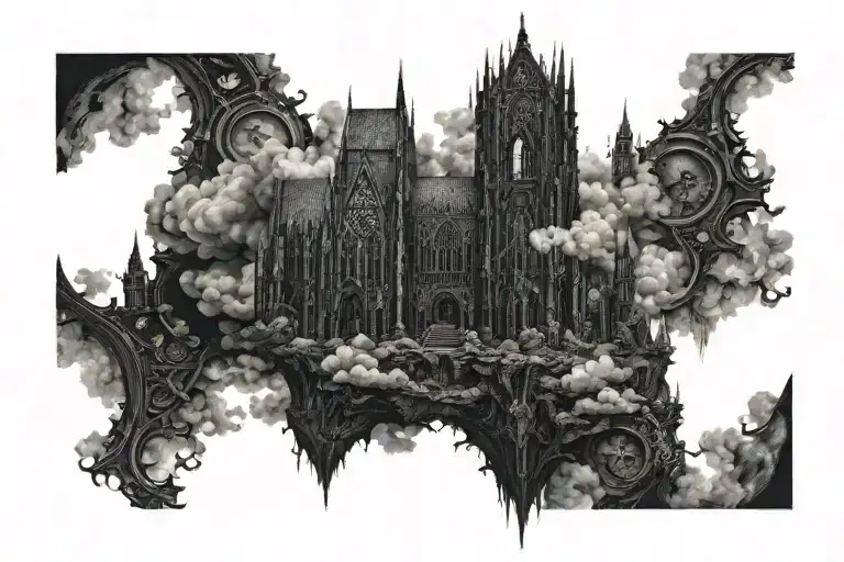 Dark Evil Gothic Cathedral In A Hell Scape Sitting On The Clouds With A Starcase Leading To It
