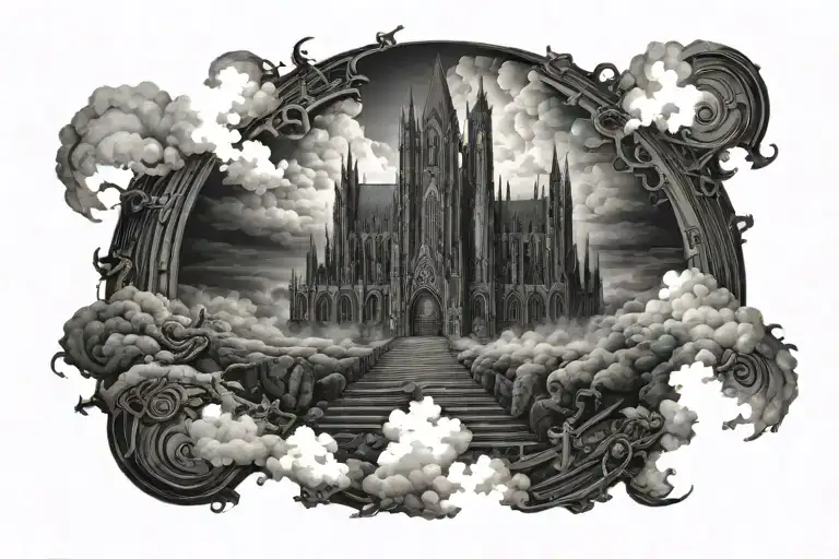 Dark Evil Gothic Cathedral In A Hell Scape Sitting On The Clouds With A Starcase Leading To It