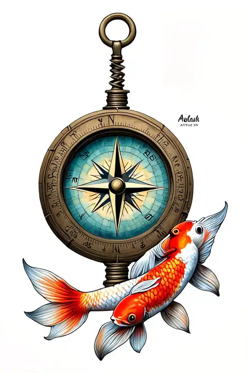 Compass With Two Koi Fish Long Tails