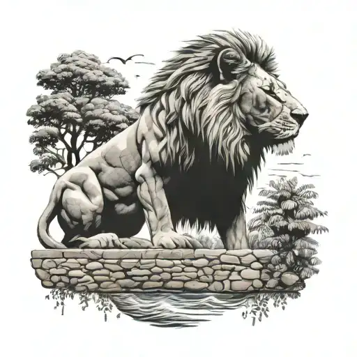 A Bricklayer Working On A Mural Of A Lion Surrounded By Trees And The Sea