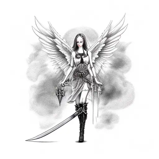 Gothic Female Angel With Sword And Smoke Or Clouds In The Background
