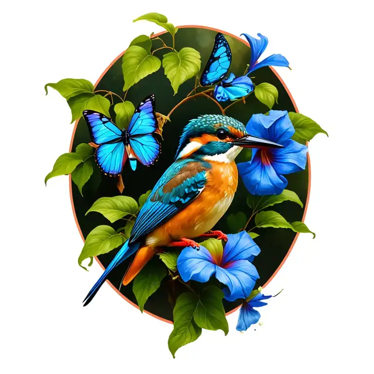 Kingfisher Perched On Morning Glory Vine And A Glasswing Butterfly