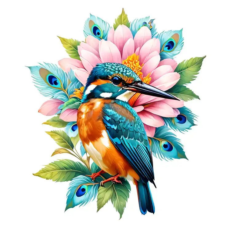 Kingfisher Perched On A Cosmo Flower With Peacock Royal Butterfly