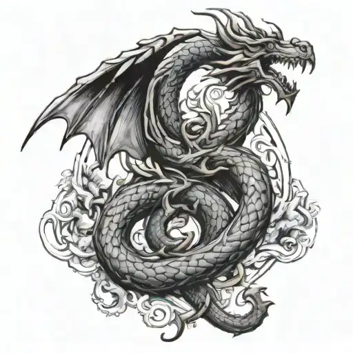 A Traditional Tattoo Design Featuring A Mythical European Dragon Intertwined With Historical Symbols