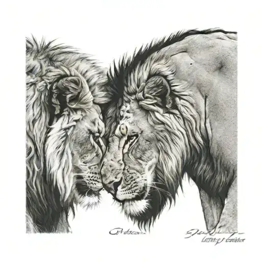 Lion With Son They Look At Each Other