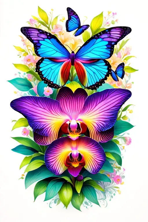 Colorful Orchid And Butterflies Flying Together