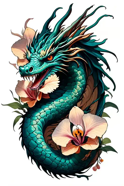 Full Leg Tattoo Dragon And Orchids