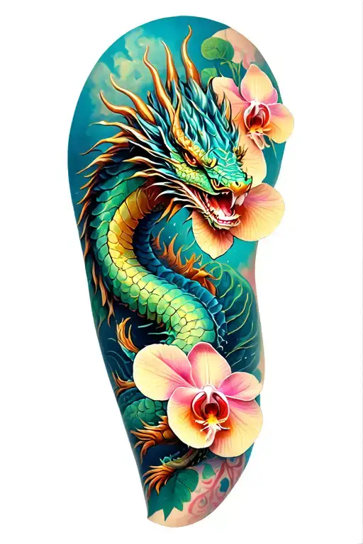 Full Leg Tattoo Dragon And Orchids