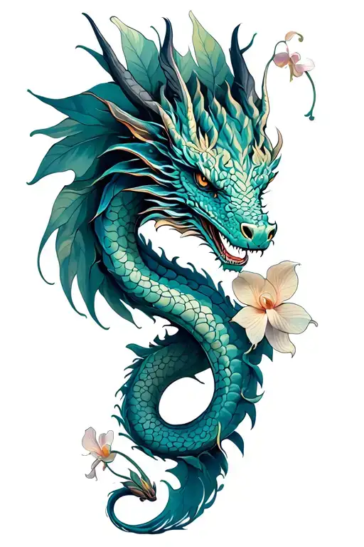 Full Leg Tattoo Dragon And Orchids