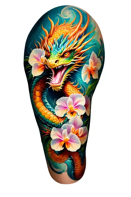 Full Leg Tattoo Dragon And Orchids