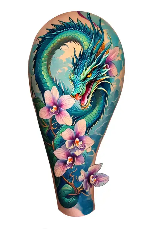 Full Leg Tattoo Dragon And Orchids