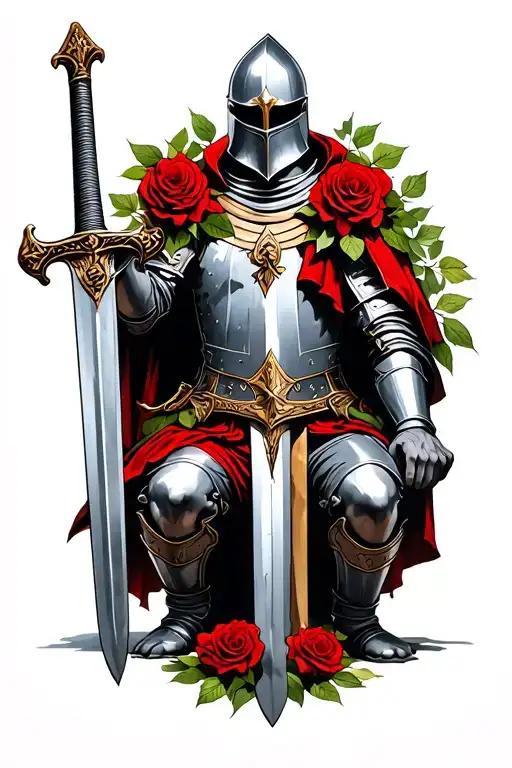 Crusades Templar Knight Kneeling On One Knee Holding A Sword With Red Roses