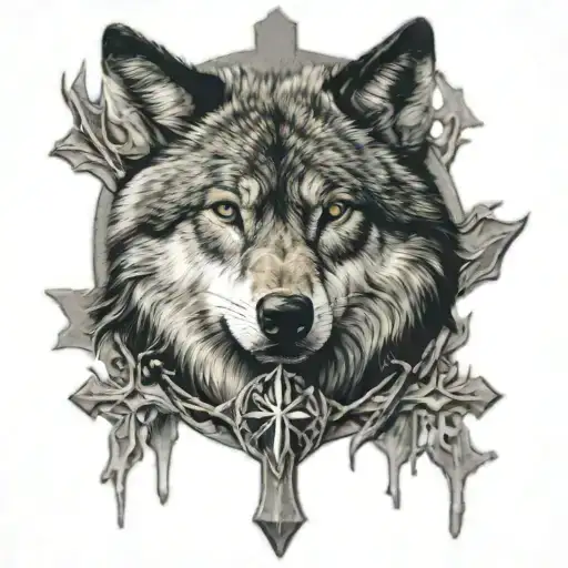 A Wolf Face And A Cross Behind It Nicely Incorporated