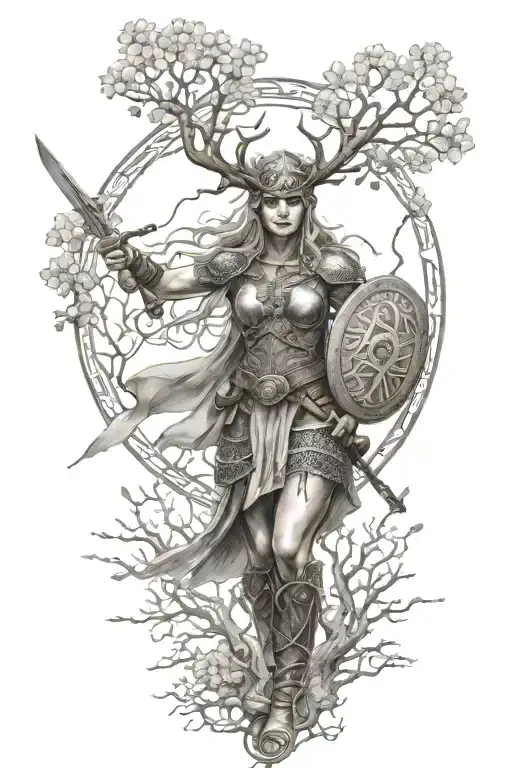 Valkyrie Warrior Woman In Battle Norse Mithology Sleve Tree Of Life Yygdrasil