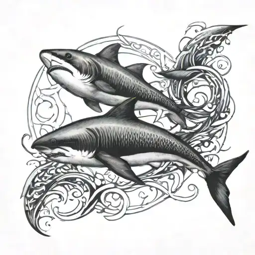 A Blackwork Tattoo Of A Pisces Symbol Intertwined With A Shark's Tail