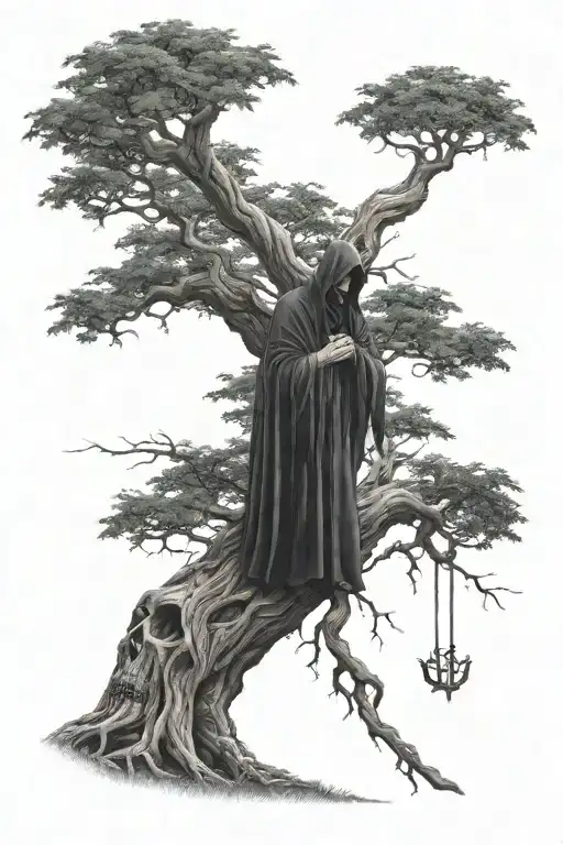 A Realistic Tree Of Life With The Grim Reaper As The Tree Trunk With A Sigil In The Background