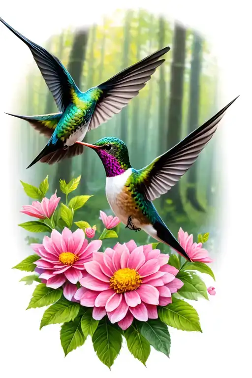 Hummingbirds Flying Near Flowers In Forest Background