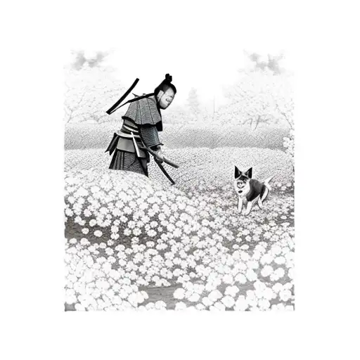 Samurai In Garden With Cherry Blossoms And A Guard Dog In The Background